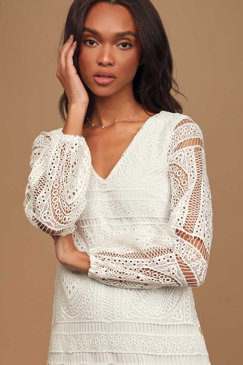 Til The End Of Time White Lace Long Sleeve Mini Shift Dress
