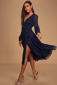 Evening of Elegance Navy Blue Floral Jacquard Wrap Midi Dress