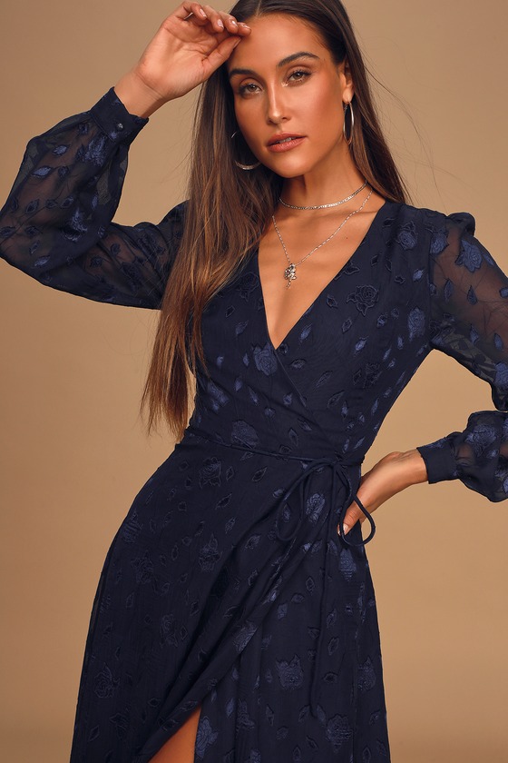 Evening of Elegance Navy Blue Floral Jacquard Dress