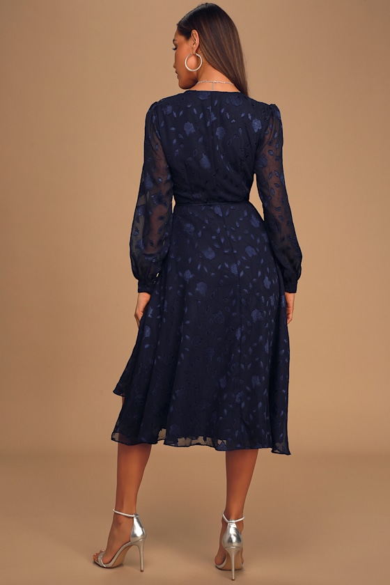 Evening of Elegance Navy Blue Floral Jacquard Wrap Midi Dress - thumbnail 4