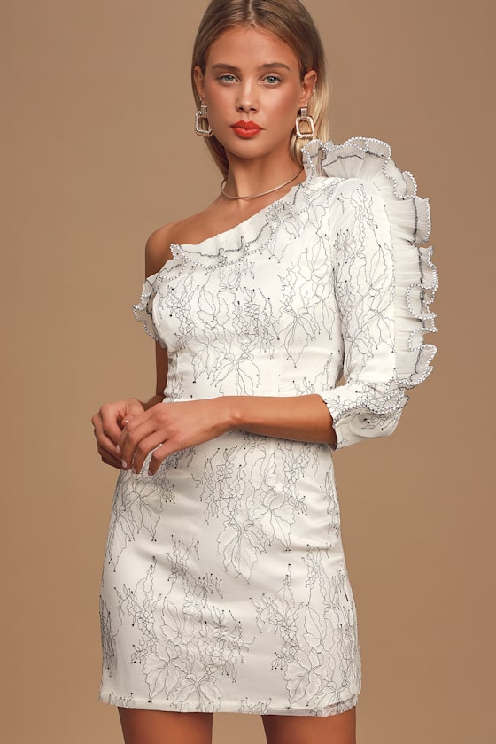 Friller Queen White Lace One-Shoulder Ruffled Mini Dress 1