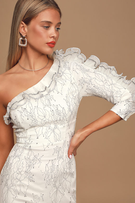 Friller Queen White Lace One-Shoulder Ruffled Mini Dress 2