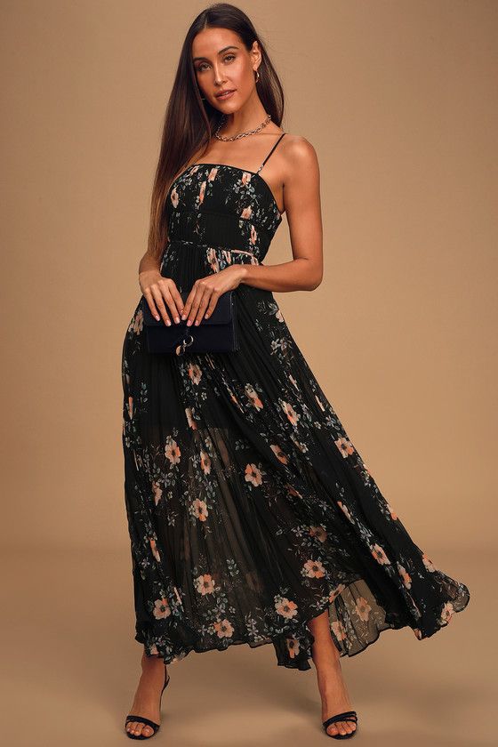 Black Floral Print Dress - Pleated Maxi Dress - Sleeveless Dress - Lulus