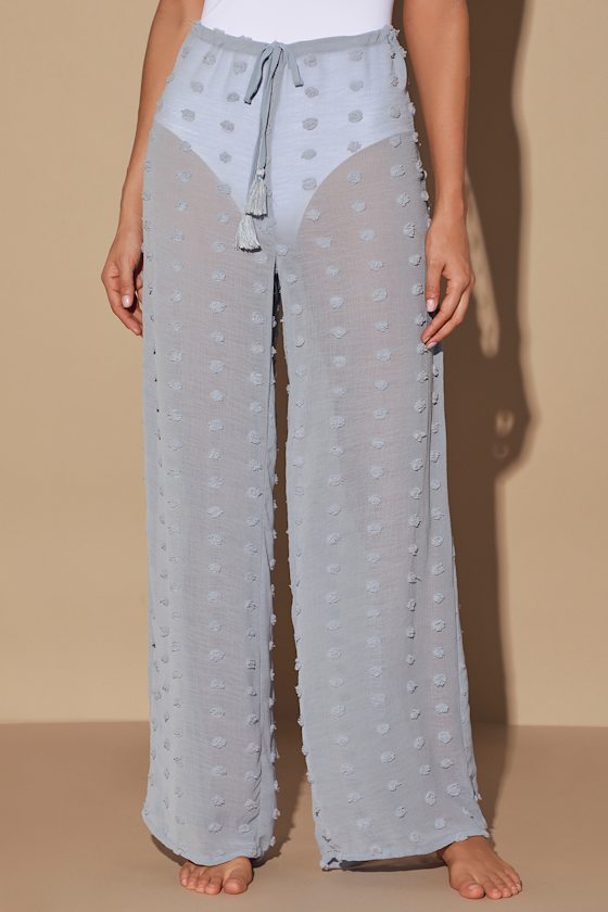 Ea-sea Breezy Dusty Blue Sheer Pom Pom Swim Cover-Up Pants 5