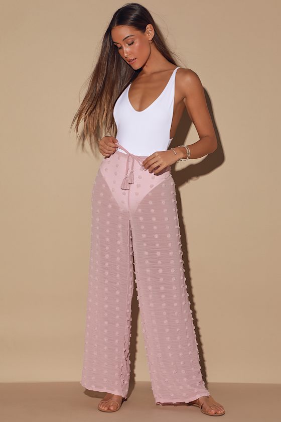 Ea-sea Breezy Mauve Sheer Pom Pom Swim Cover-Up Pants 2