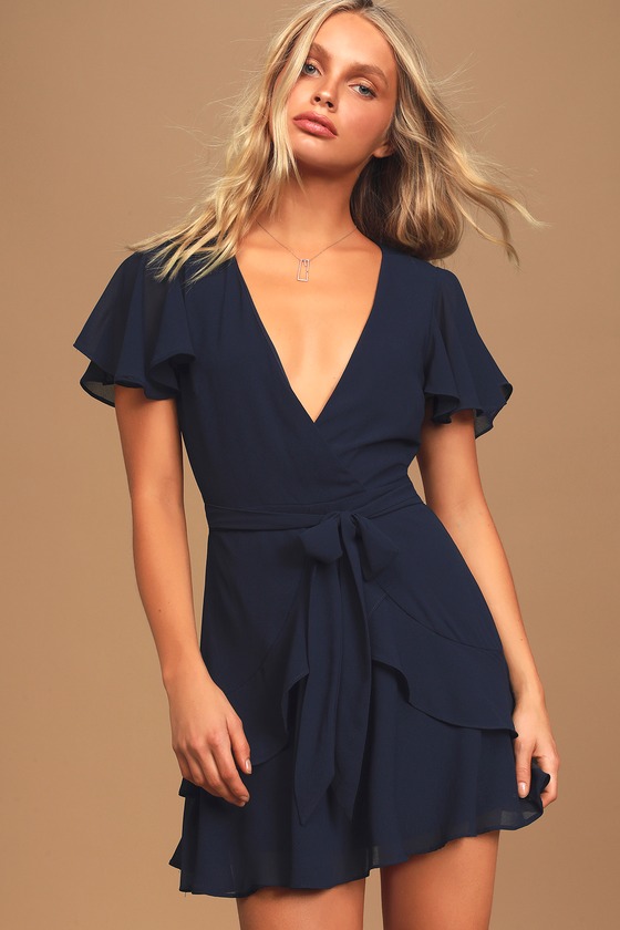 Cute Navy Blue Dress - Faux Wrap Dress - Ruffled Mini Dress - Lulus