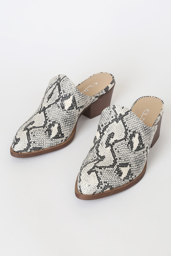 snake print heeled mules