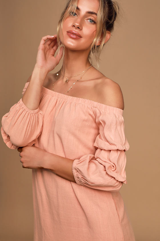 By the Pier Blush Pink Off-the-Shoulder Puff Sleeve Mini Dress 3