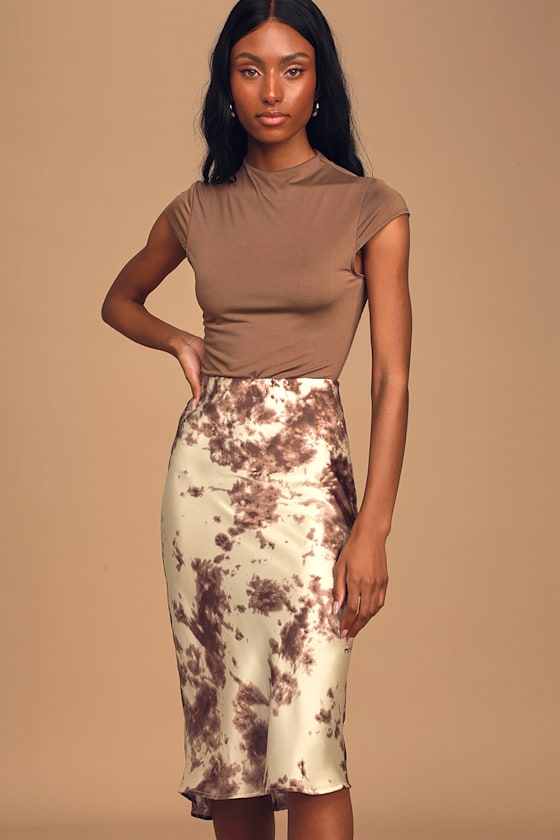 Destination Unknown Brown and Cream Tie-Dye Satin Midi Skirt 6