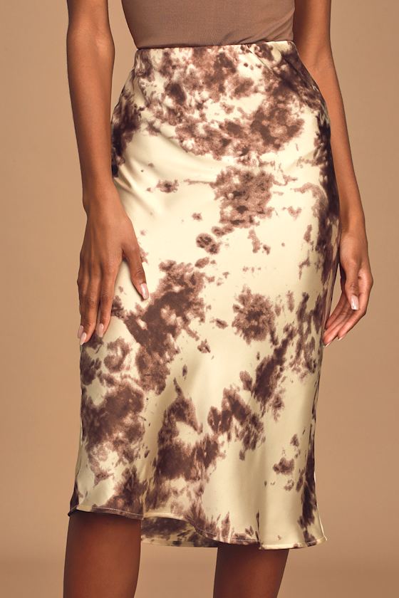 Destination Unknown Brown and Cream Tie-Dye Satin Midi Skirt 3