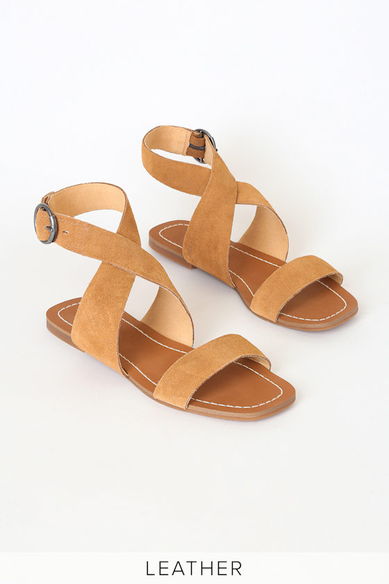 Aaron Sand Suede Leather Ankle Strap Flat Sandals 1