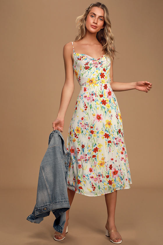 Blooming Beauty White Floral Print Cowl Neck Midi Dress 2