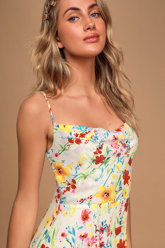 Blooming Beauty White Floral Print Cowl Neck Midi Dress 6