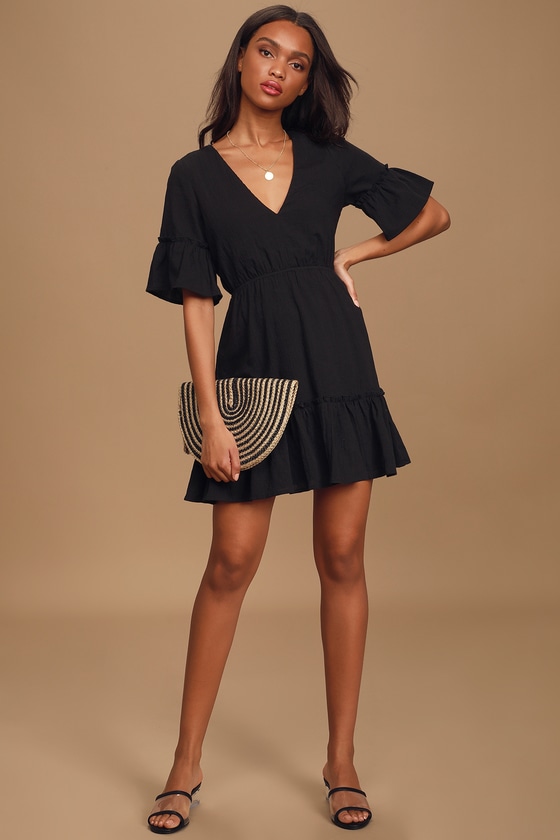 Chic Black Dress - Short Sleeve Mini Dress - Cute Skater Dress - Lulus