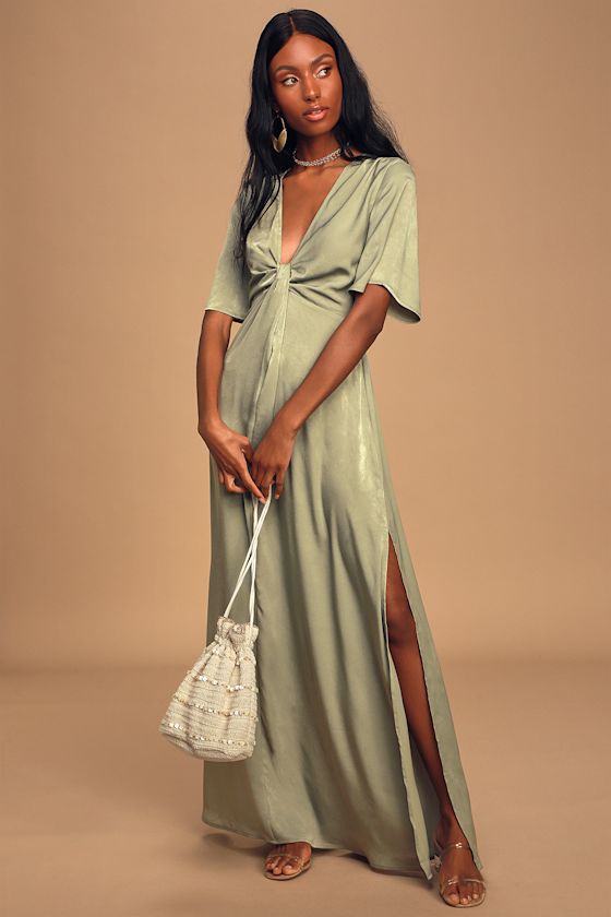 Here to Stun Sage Green Satin Twist-Front Maxi Dress 3