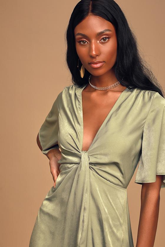 Here to Stun Sage Green Satin Twist-Front Maxi Dress 4