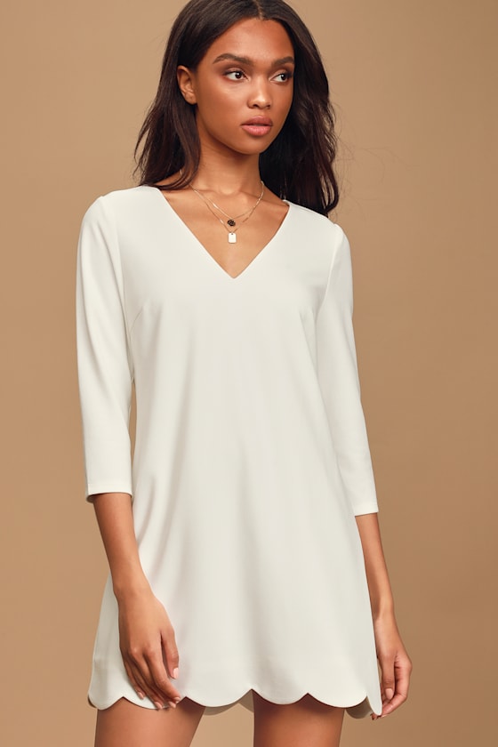 Love It All White Three-Quarter Sleeve Scalloped Shift Dress 3