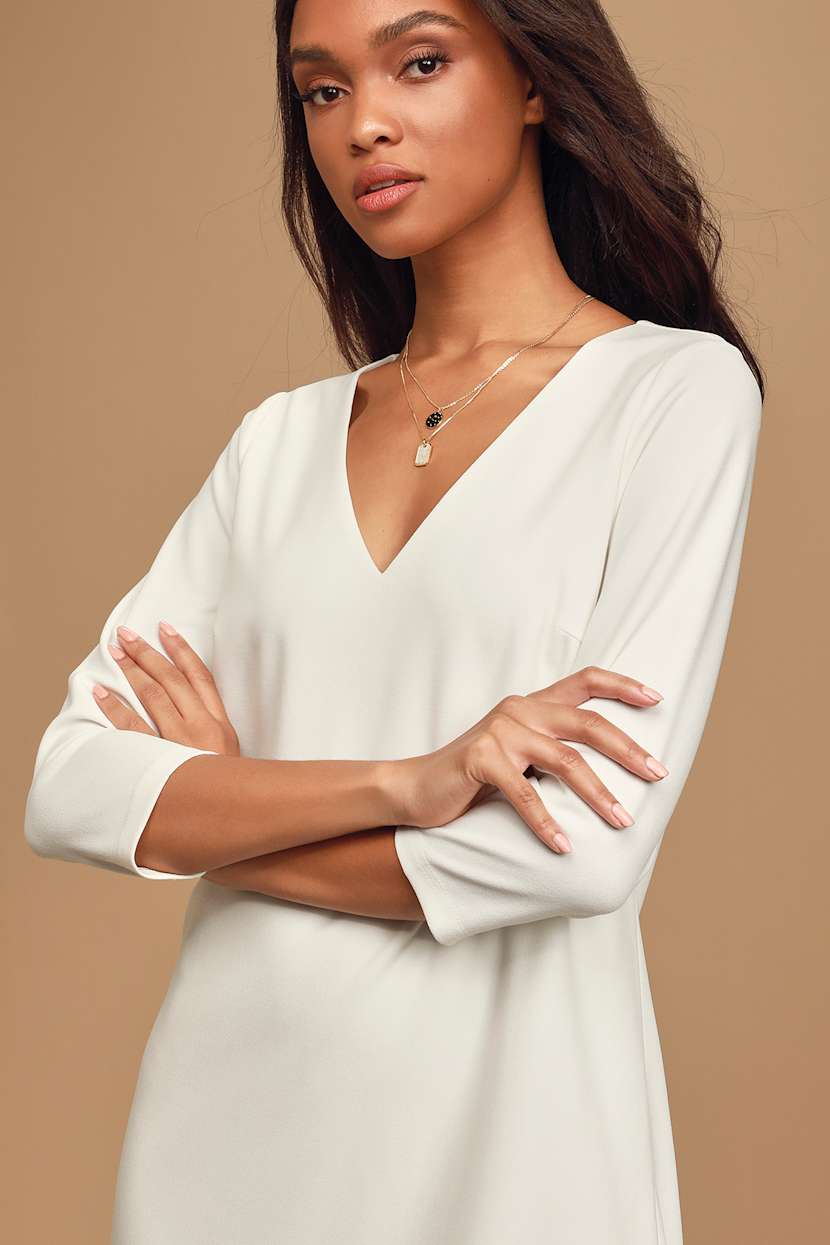 Cute White Shift Dress - 3/4 Sleeve Shift Dress - Scalloped Hem - Lulus