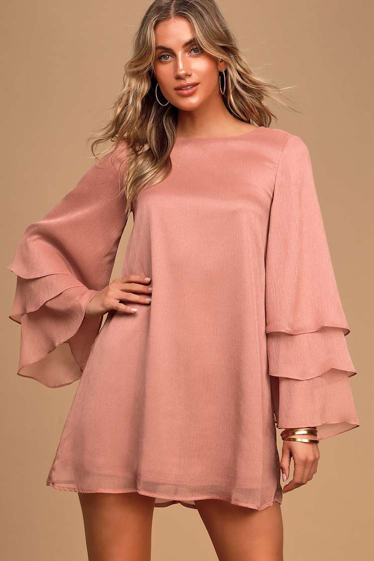 lace dusty pink dress Dusty Rose Lace Chiffon Long Sleeves A-Line Formal Dress