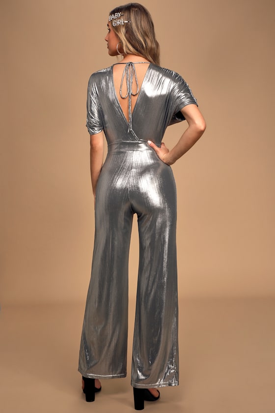 Never Dull Your Shine Silver Metallic Wide-Leg Jumpsuit 4