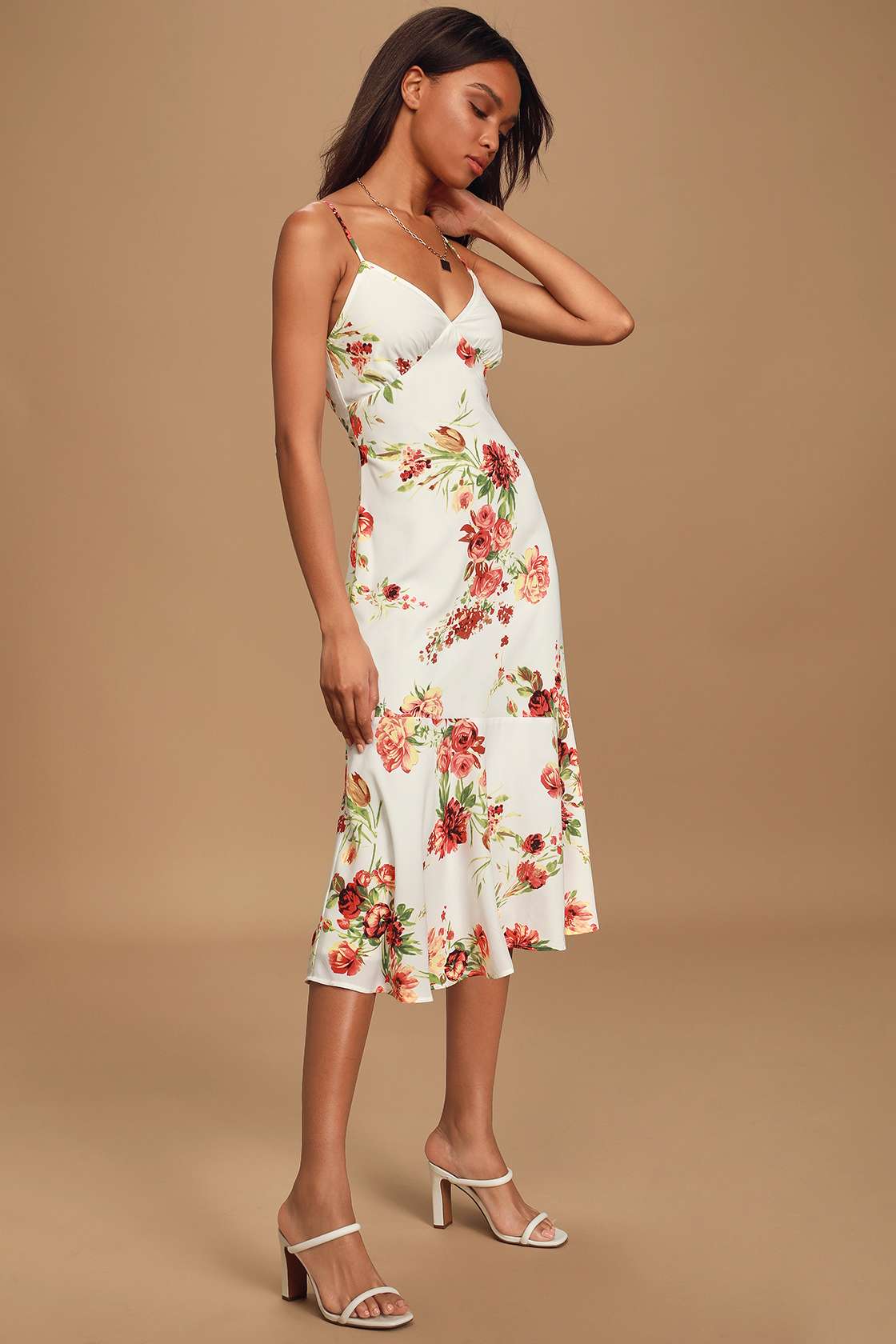 Lovely White Floral Dress Sleeveless Midi Dress Slip Dress Lulus
