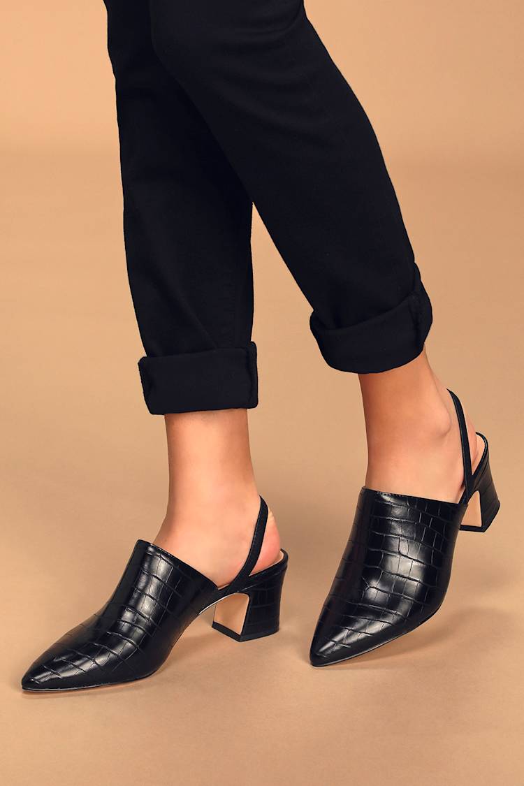 Pointed Toe Black Crocodile Mules Paulo Black Crocodile Embossed
