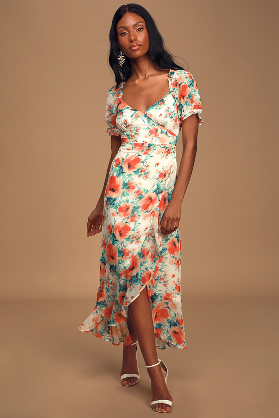 Cute White Floral Print Dress - Puff Sleeve Dress - Midi Dress - Lulus