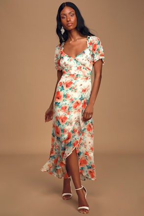 Cute White Floral Print Dress - Puff Sleeve Dress - Midi Dress