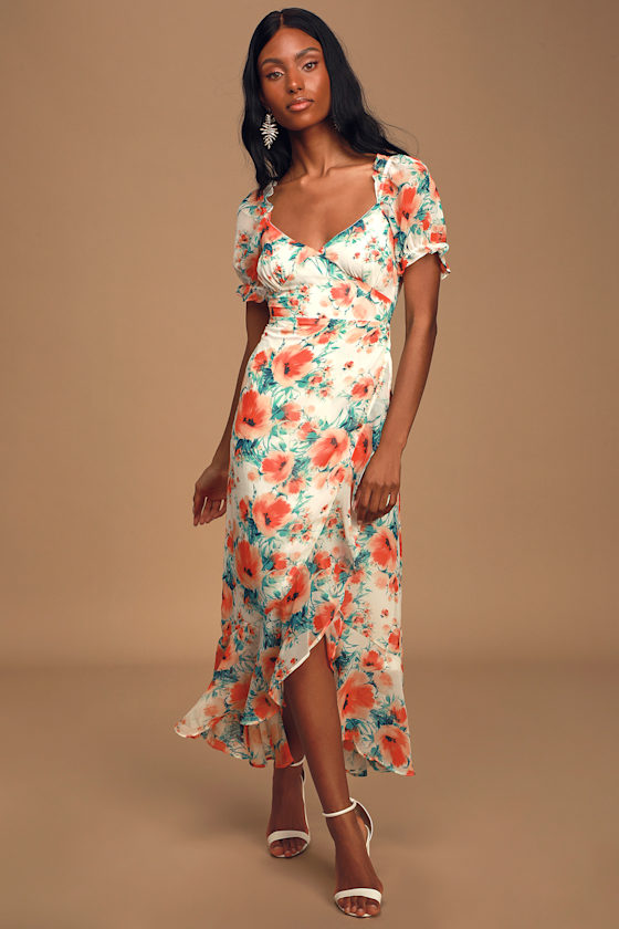 Romantic Effect White Floral Print Puff Sleeve Midi Dress 2