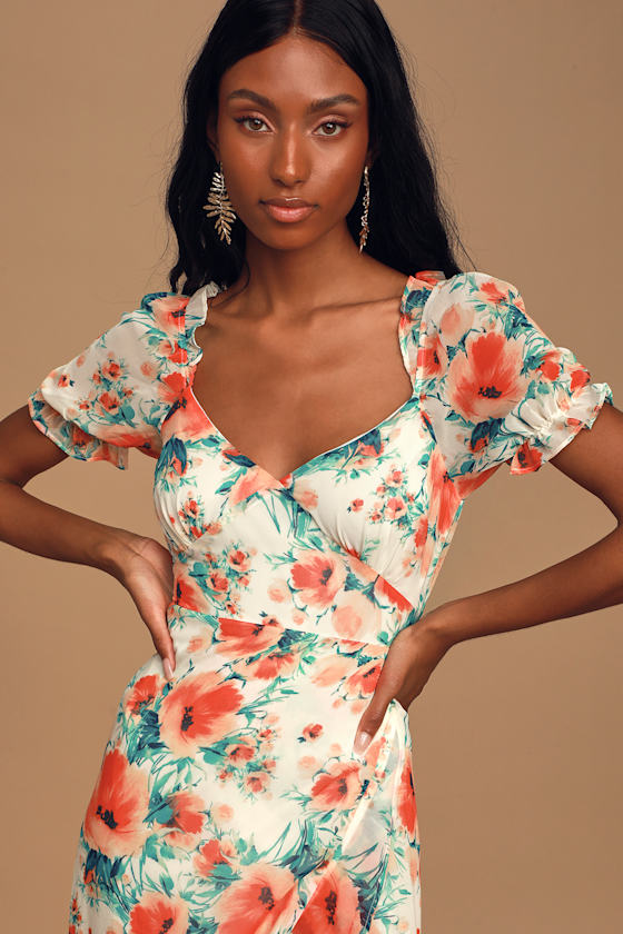 Cute White Floral Print Dress - Puff Sleeve Dress - Midi Dress - Lulus