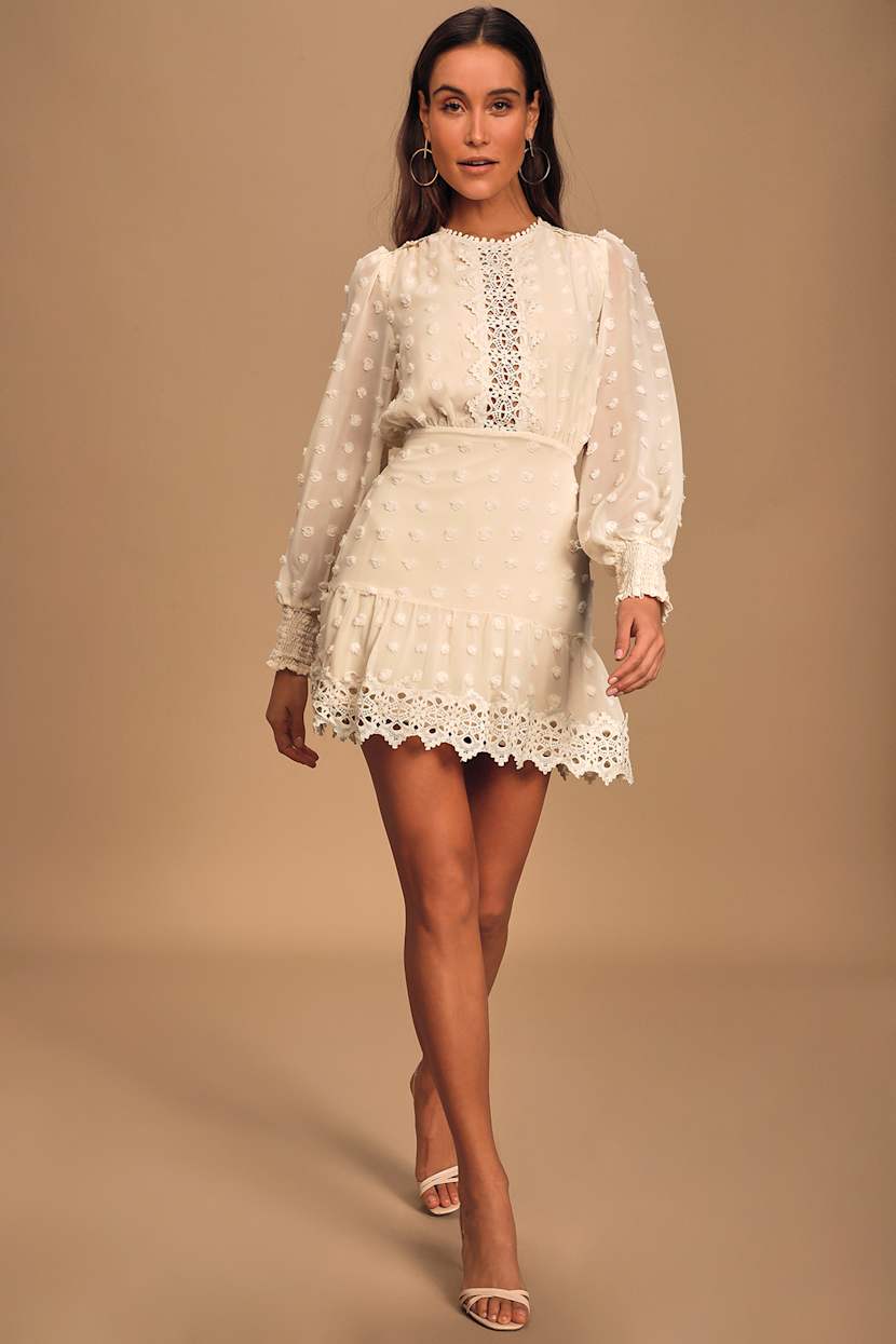 Chic Cream Dress - Embroidered Long Sleeve Dress - Ruffled Dress - Lulus