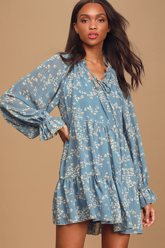 Romantic Type Slate Blue Floral Print Tiered Babydoll Dress 4