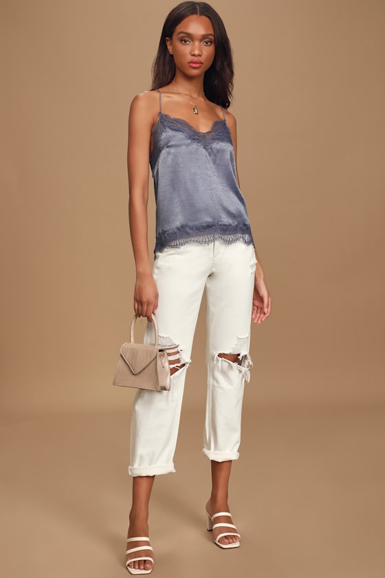 In the Mood Dusty Blue Satin Lace Cami Top 9