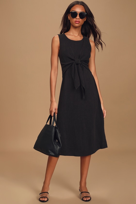 Cute Black Linen Dress - Tie-Front Dress - Sleeveless Midi Dress - Lulus