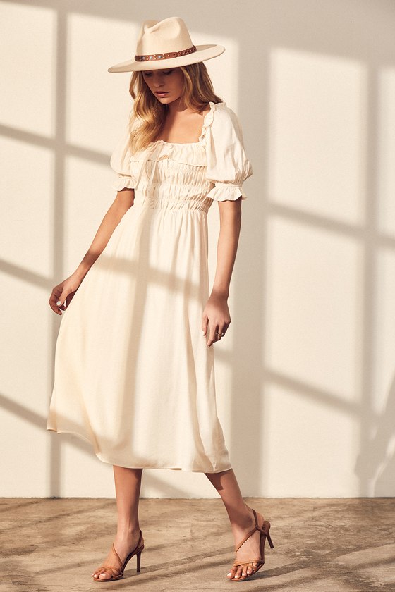 Cute Cream Midi Dress - Puff Sleeve ...