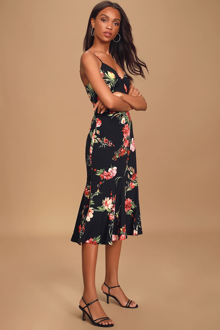 Lovely Black Floral Dress - Sleeveless Midi Dress - Slip Dress - Lulus