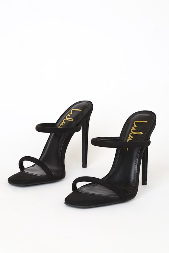 Theyaa Black Suede Square-Toe High Heel Sandals 1