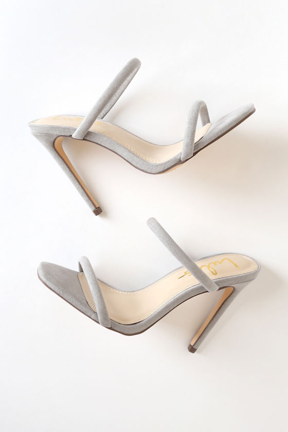 Theyaa Grey Suede Square-Toe High Heel Sandals 1