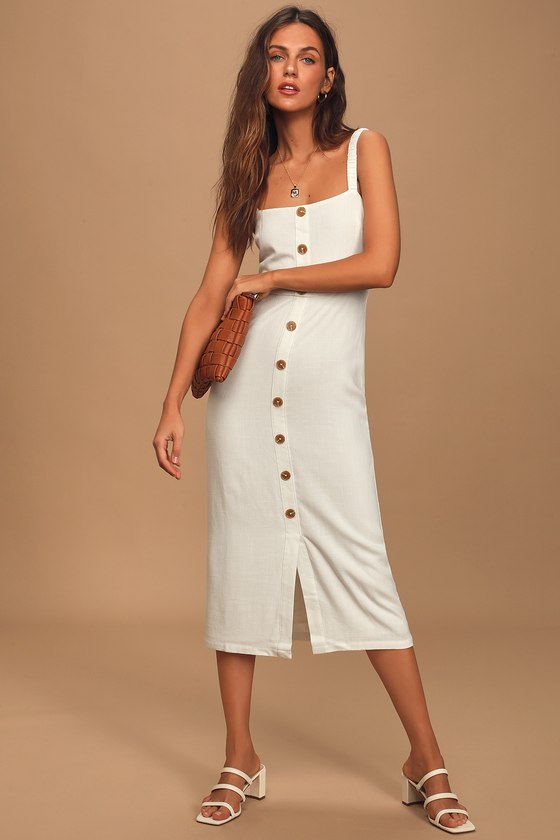 Casual Vibes White Button Front Sleeveless Midi Dress