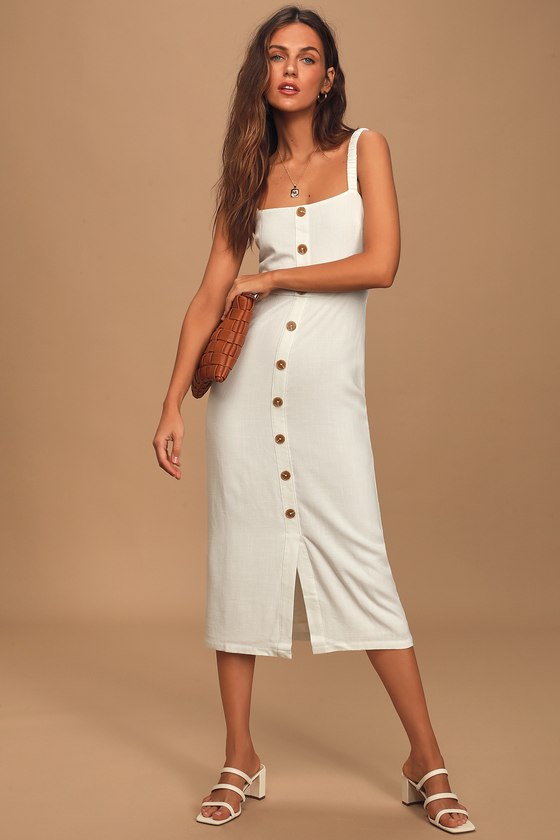 White Midi Dress - Button Front Dress 