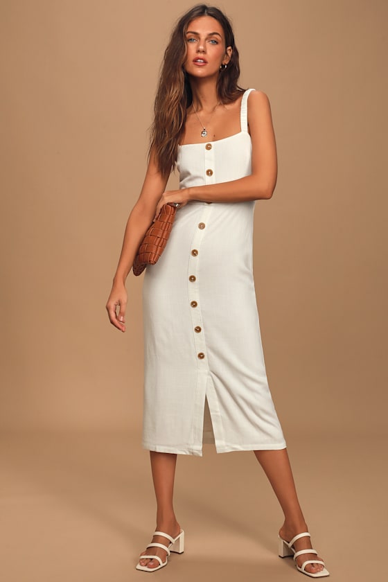 Casual Vibes White Button Front Sleeveless Midi Dress 3