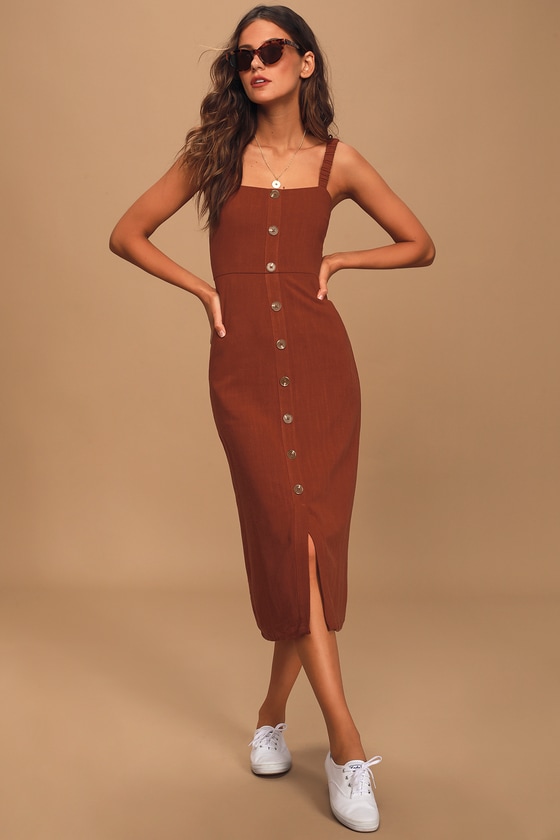 Rust Red Midi Dress - Button Front ...