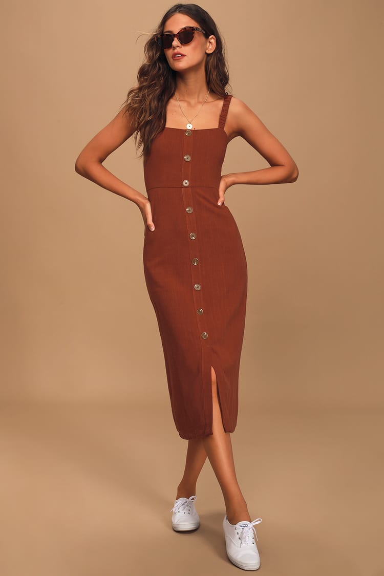 Rust Red Midi Dress - Button Front Dress - Sleeveless Midi Dress - Lulus