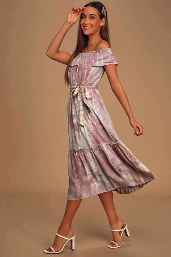 Dazed Purple Multi Tie-Dye Ruffled Off-the-Shoulder Midi Dress 4