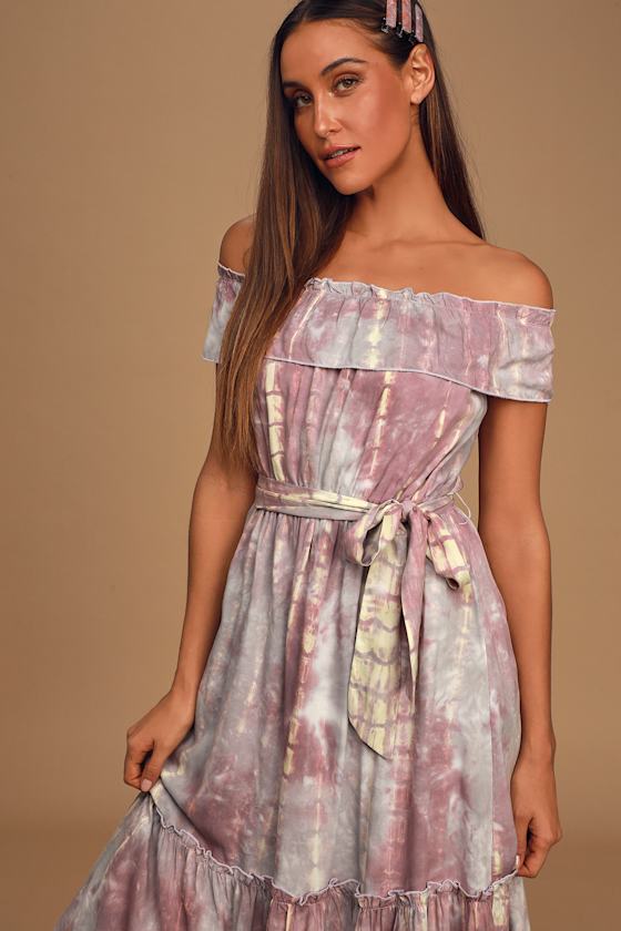 Dazed Purple Multi Tie-Dye Ruffled Off-the-Shoulder Midi Dress 1