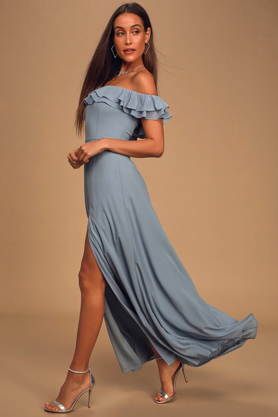 light blue off the shoulder maxi dress