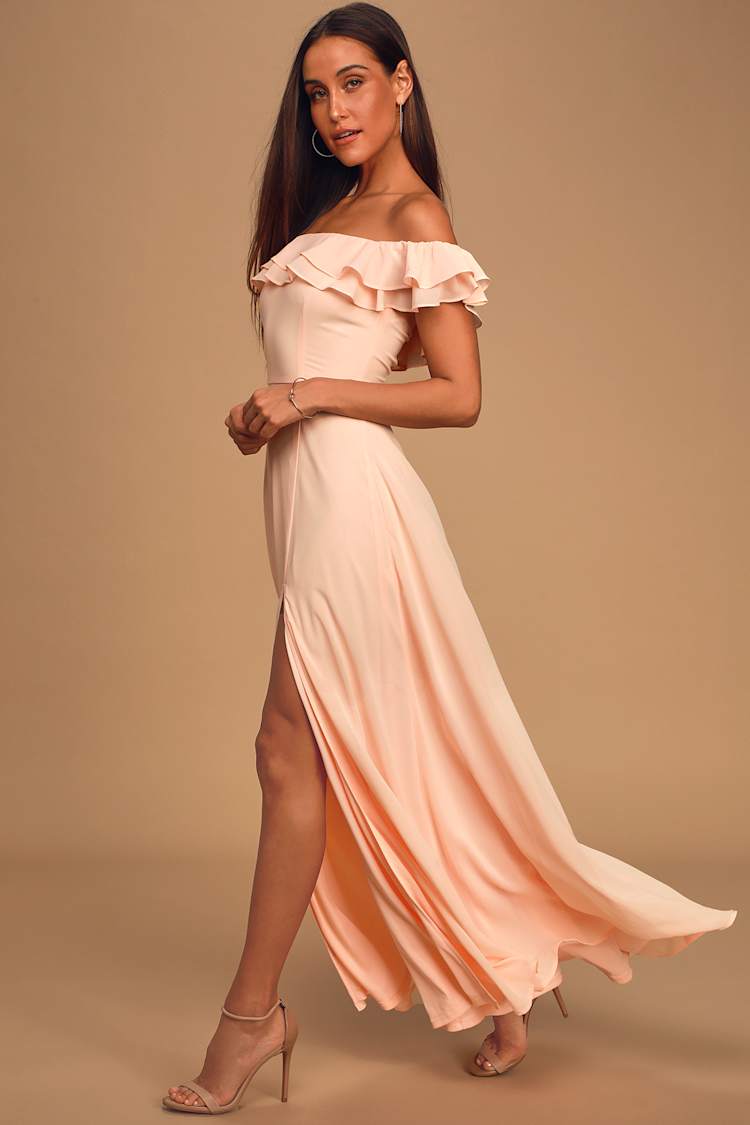 peach off the shoulder maxi dress Pretty Peach Maxi Dress - OTS Maxi Dress - Tiered Ruffle