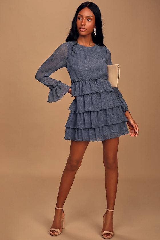 Know You Better Denim Blue Tiered Ruffled Long Sleeve Mini Dress 3