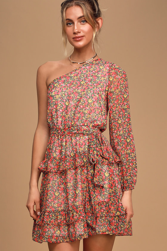 pink floral one shoulder dress
