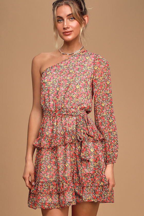 Anew Romance Pink Floral Print One-Shoulder Ruffled Mini Dress 3